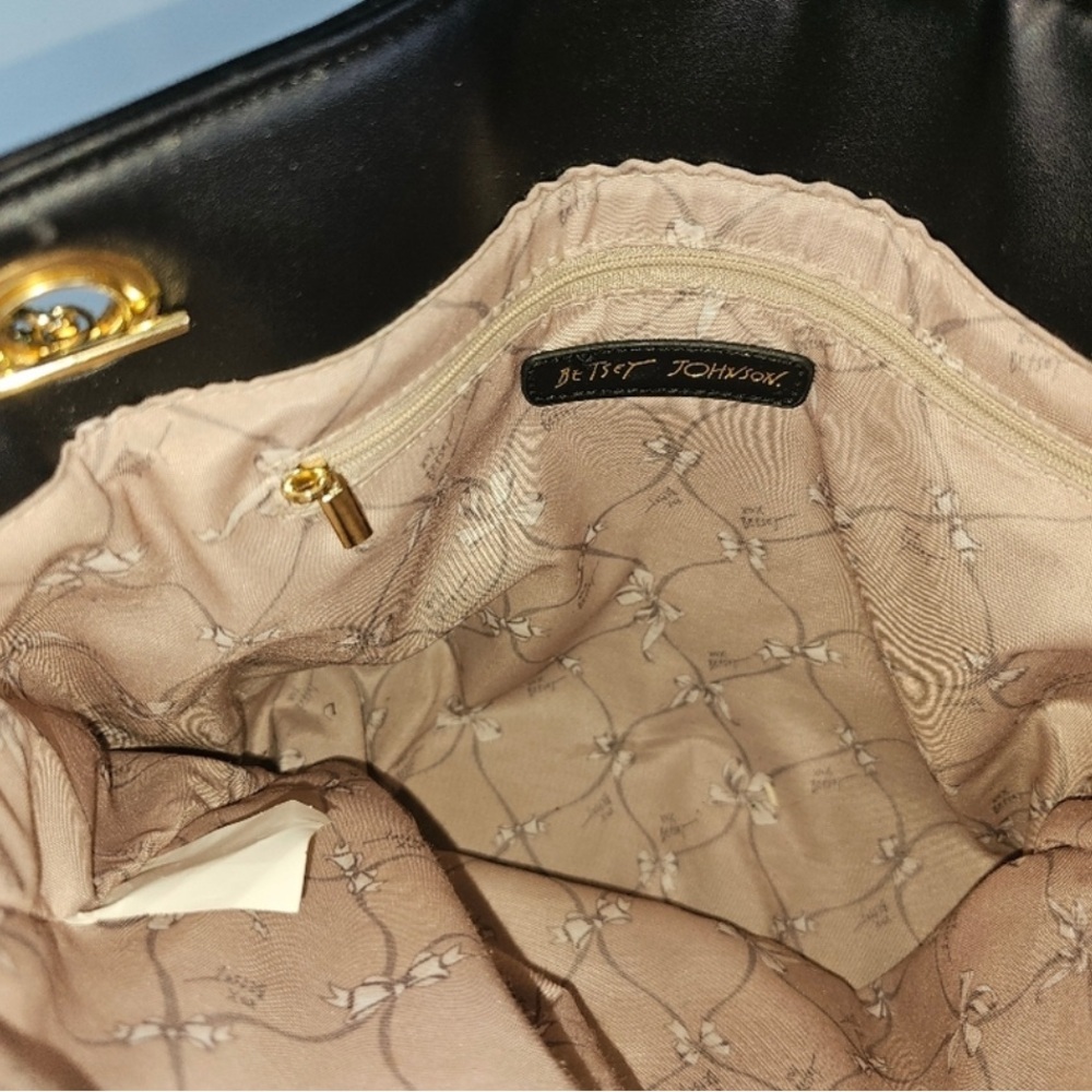Betsey Johnson Black Quilted Heart Tote Bag Gold Chain Shoulder Bag Tote - Picture 5 of 8